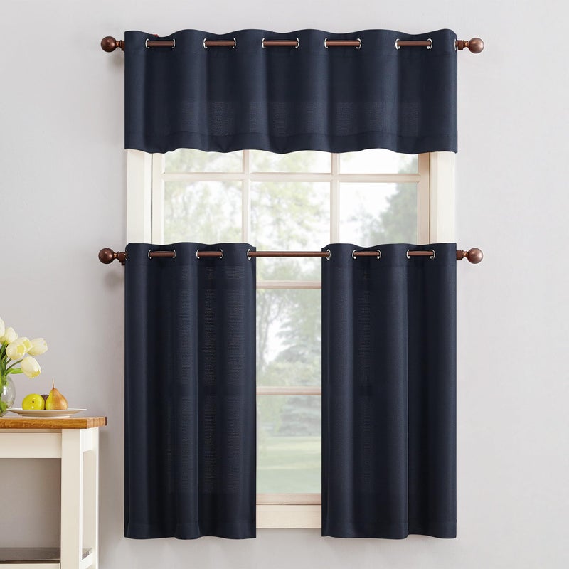 No. 918 Montego Casual Textured Semi-Sheer Grommet Curtain Valance, 56" x 14" Kitchen Tier Pair, Navy Blue - Image 4